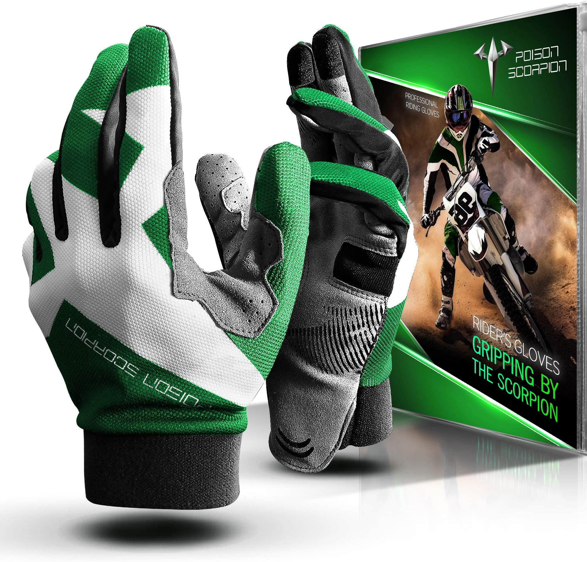 POISON SCORPION Motorcycle Gloves for Men Women Outdoor Sports Full Finger Green L fit Dirt Bike Motocross MX BMX MTB ATV UTV Mountain Bicycle Cycling Biking Riding - Touchscreen Non slip Breathable