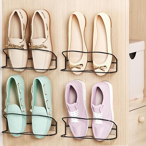 Miniatura 8 de Zapatero montado en la pared, 6 unidades, con tiras adhesivas para colgar, almacenamiento de zapatos de pared de metal, organizador de zapatos
