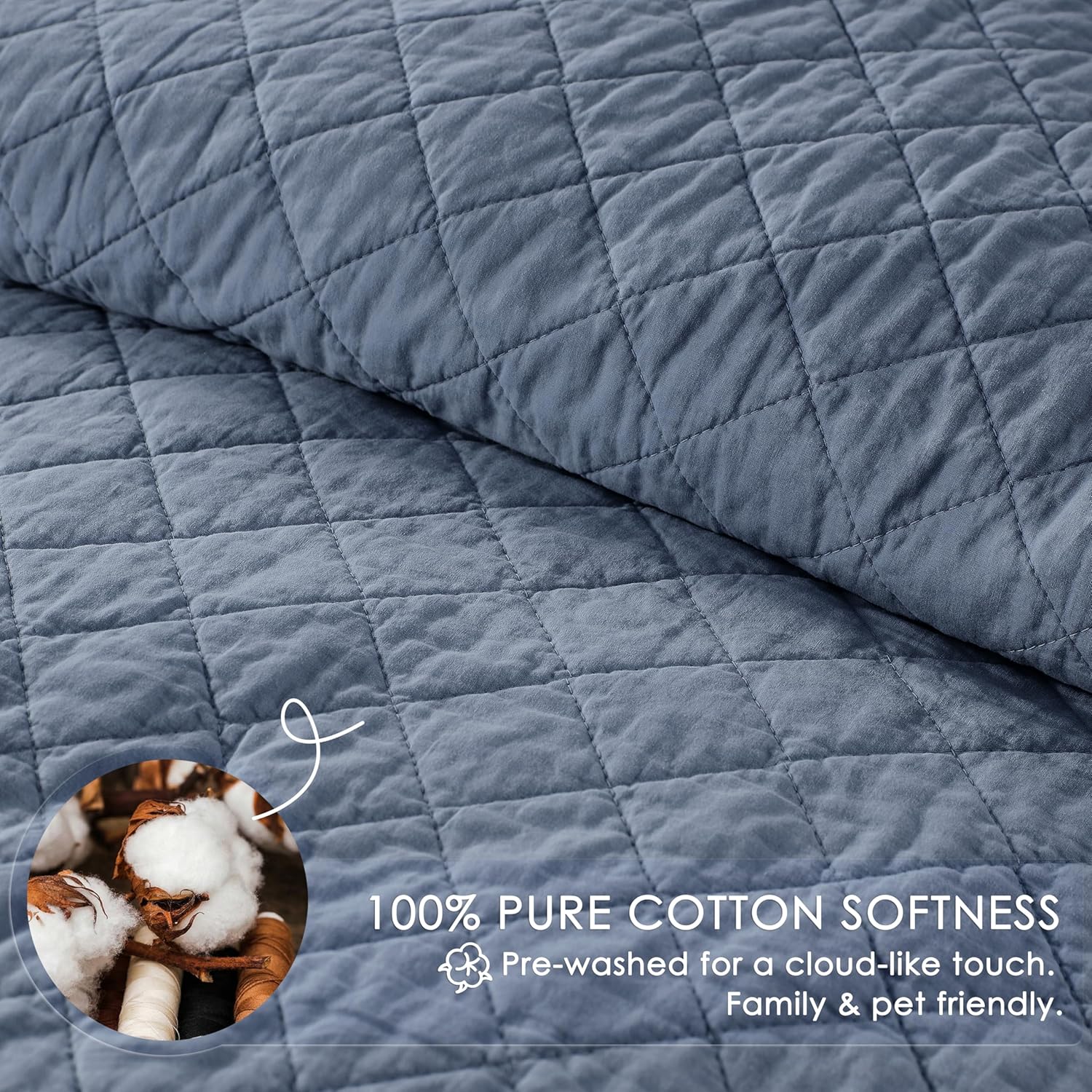 WDCOZY 100% Cotton Quilt Queen Size Bedspread, Pre-Washed 3-Piece Lightweight Soft Coverlet Set with 2 Pillow Shams, Modern Neutral Design All Season Bedding Set, Dusty Blue