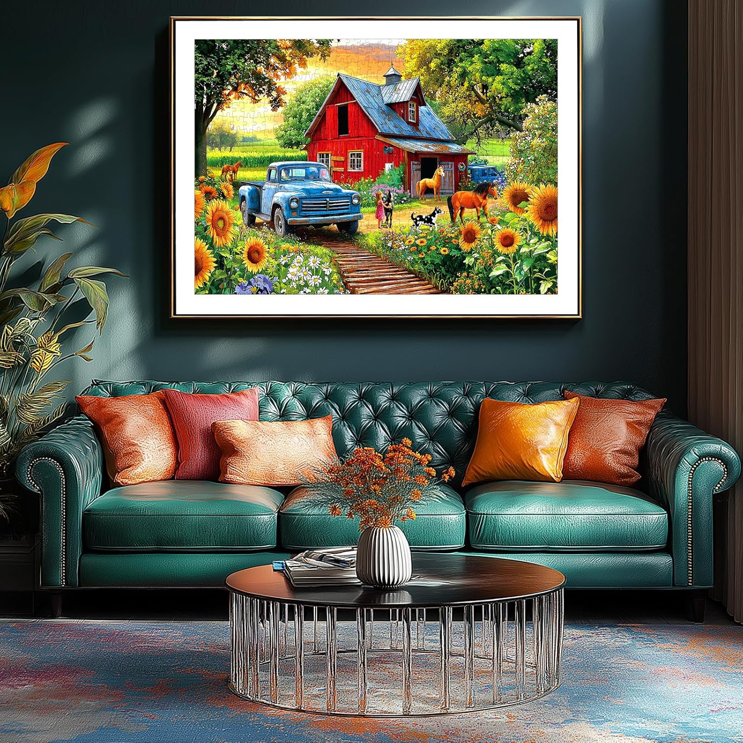 Country Farm Jigsaw Puzzle for Adults 1000 Piece, Vintage Red Barn with Blue Truck, Sunflower Garden Scene,1000 Pieces Spring Puzzles for Adults Entertainment, 27.56x19.69 in