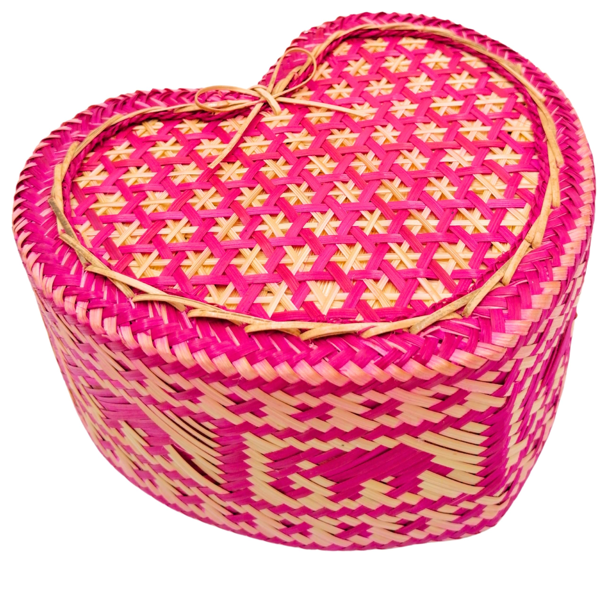 Generic Bamboo Sticky Rice Serving Basket 6.2 x 5.2 Inch, Kratip, Intricately Woven Container, Heart-Shaped, Elephant Weave Pattern, Blue, Thailand Handmade (Pink)