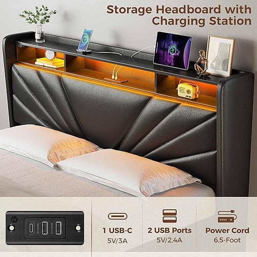 Miniatura 33 de Rolanstar Base de cama tamaño King, cabecera de almacenamiento con estación de carga y luces LED, cama tapizada con listones de madera resistentes,