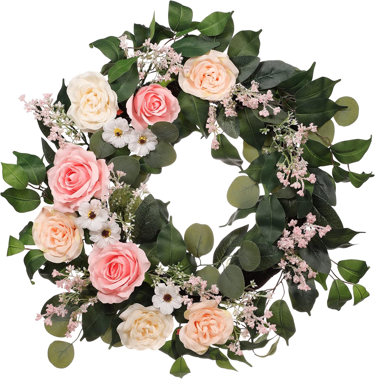 24" Artificial Rose,Camellia,babysbreath Floral Spring Wreath with Green Leaves