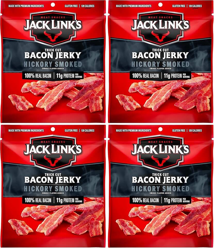Jack Link's Bacon Jerky, Hickory Smoked - Flavorful Ready to Eat Meat Snack with 11g of Protein per Serving, Made with 100% Thick