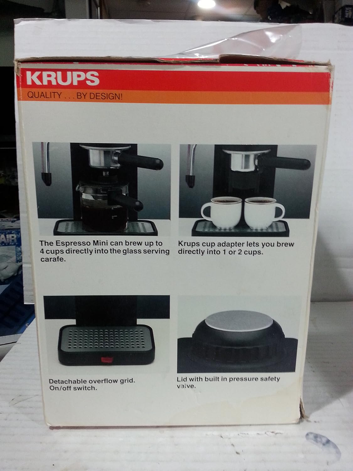 Back of the KRUPS Espresso Mini product box showing brewing capacity and features.