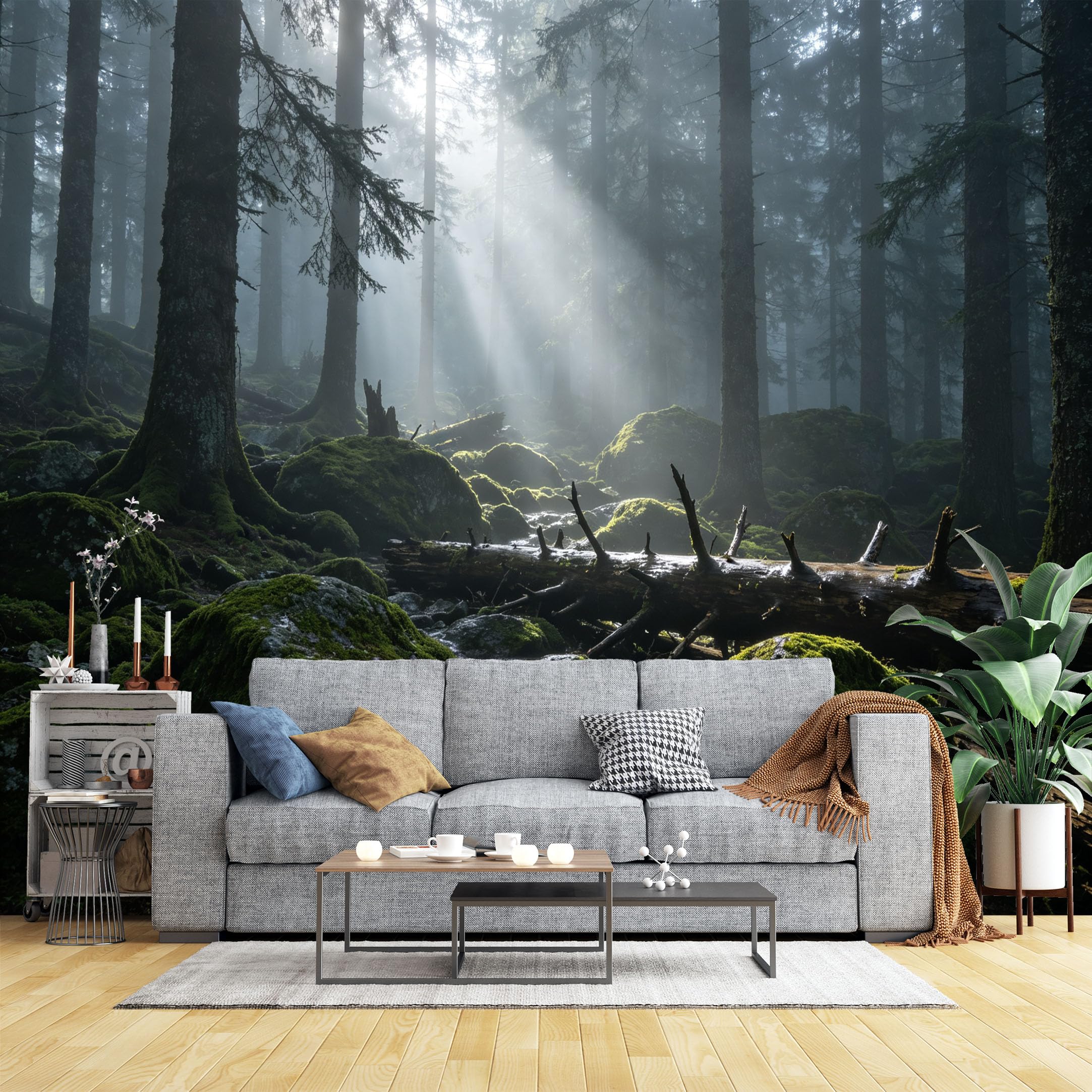 Lcythiazole Ch260604145 Custom Size Wall Murals Sunbeam Mossy Misty Pine Forest Wall Murals Wild Nature Wallpaper Realistic Self-Adhesive Removable Wallpaper For Living Room Bedroom