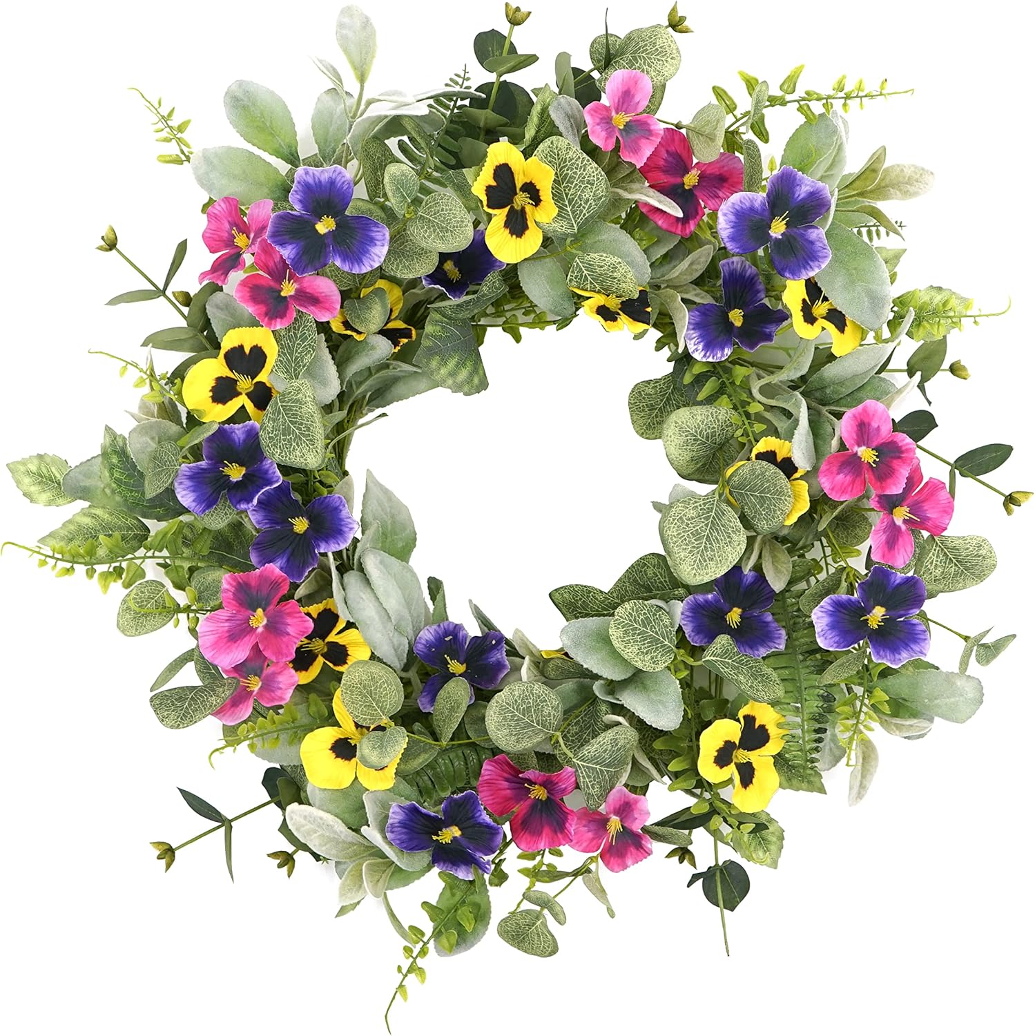 Artificial Spring Summer Wreath with Pansy Flowers,Flocked Lamb Ear Leaves,Eucalyptus Leaves,Fern Branches for Front Door Indoor Outdoor Farmhouse Wall Holiday Decor, White Gift Box Included