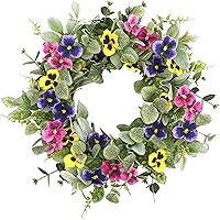 WreathDream 20" Artificial Spring Summer Wreath with Pansy Flowers, Flocked Lamb's Ear, Eucalyptus - Farmhouse Front Door Decor