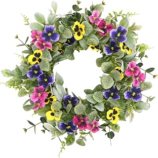 WreathDream 20" Artificial Spring Summer Wreath with Pansy Flowers, Flocked Lamb's Ear, Eucalyptus - Farmhouse Front Door Decor