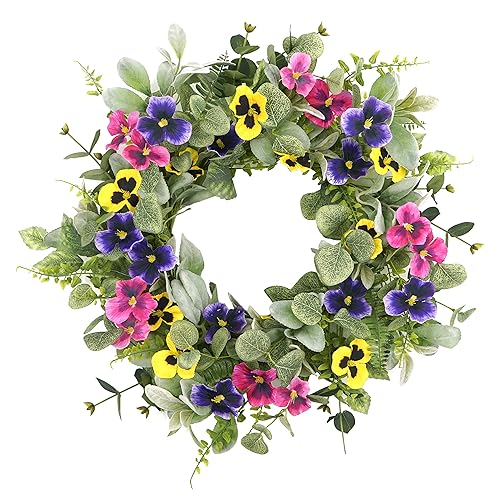 Artificial Spring Summer Wreath with Pansy Flowers,Flocked Lamb Ear Leaves,Eucalyptus
