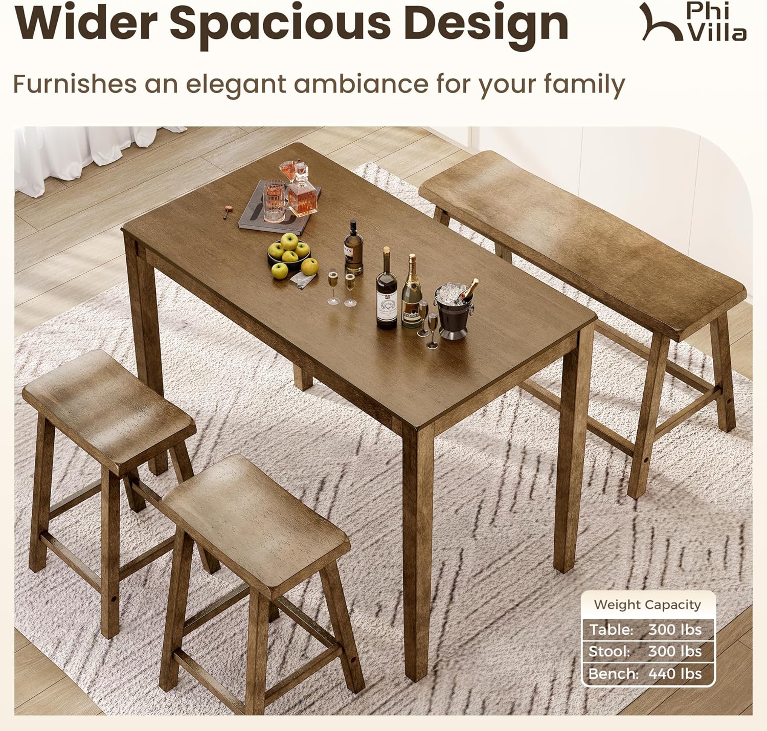 Dining table set with weight capacity details.