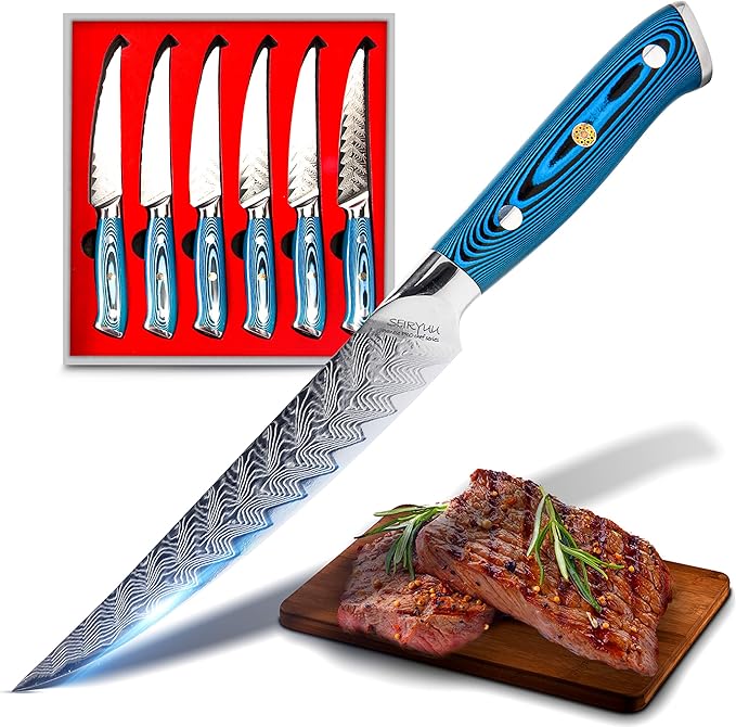 SEIRYUU Damascus Steak Knife Set 5 Inch, Japanese Steak Knives, VG10