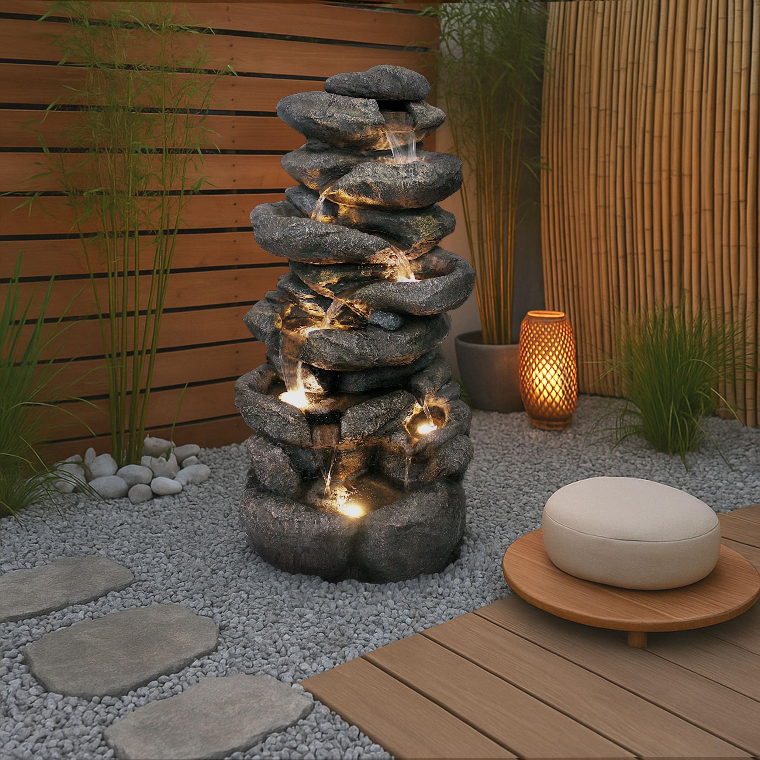 Grande Fontaine de Jardin BK902 avec éclairage LED Fontaine Cascade en Pierre Grande décoration de Jardin Aspect Pierre 100 cm