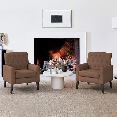 LUE BONA Juego de 2 sillas decorativas de lino marrón, sillones tapizados con botones de 18.5 pulgadas de alto, cómodas sillas de sala de estar con