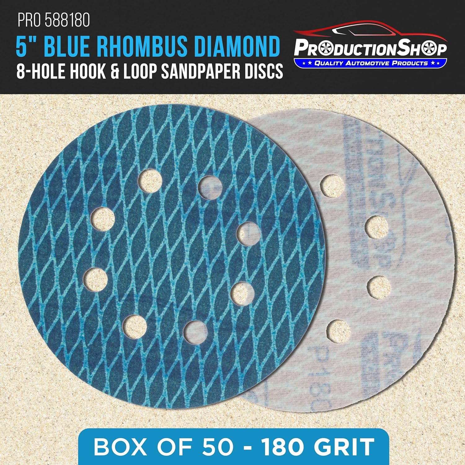 ProductionShop Premium 180 Grit 5" Rhombus Diamond Shape Blue Sanding Discs, 8-Hole, Box of 50 - Hook & Loop Anti-Clogging J-Cloth Dustless Sandpaper for Random Orbital Sanders, Sand Auto Paint, Wood