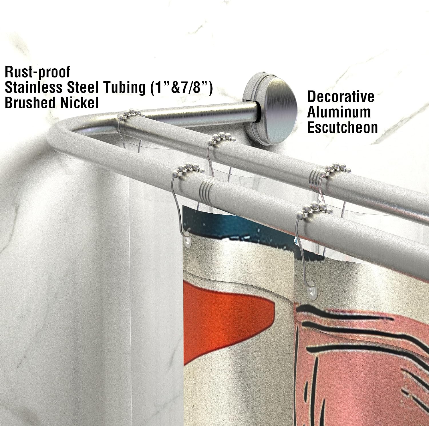 Decorative Double Curved Shower Curtain Rod, 8.5" Extra Shower Space, 36-84" Adjustable, Rust-proof Stainless Steel, Drilling Needed Wall Mount