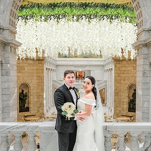 Miniatura 7 de BLEUM CADE 20 flores colgantes de glicina falsas blancas y moradas, 3.6 piesunidad, guirnaldas de glicina artificial, flores colgantes para bodas,