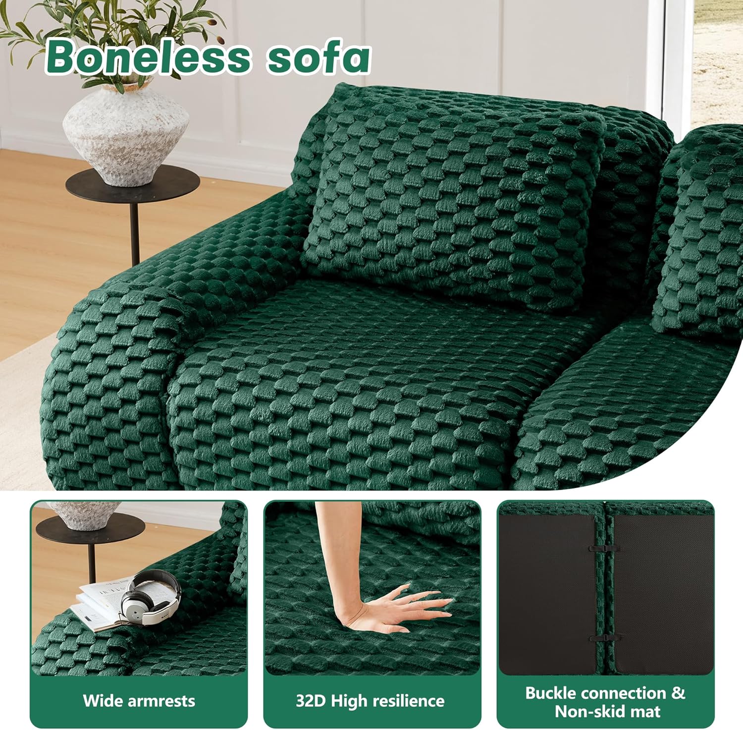 114" U-Shaped Compressed Sectional Cloud Sofa, Flannel Upholstered Modular Deep Seat Sofa with 5 Pieces, Symmetrical Boneless Foam Modular Cloud Couches for Living Room
