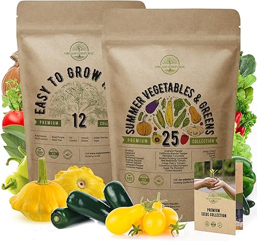 Paquete de 12 variedades de hierbas fáciles de cultivar y 25 semillas de verduras de verano, sin OMG, para plantar en interiores y exteriores, más