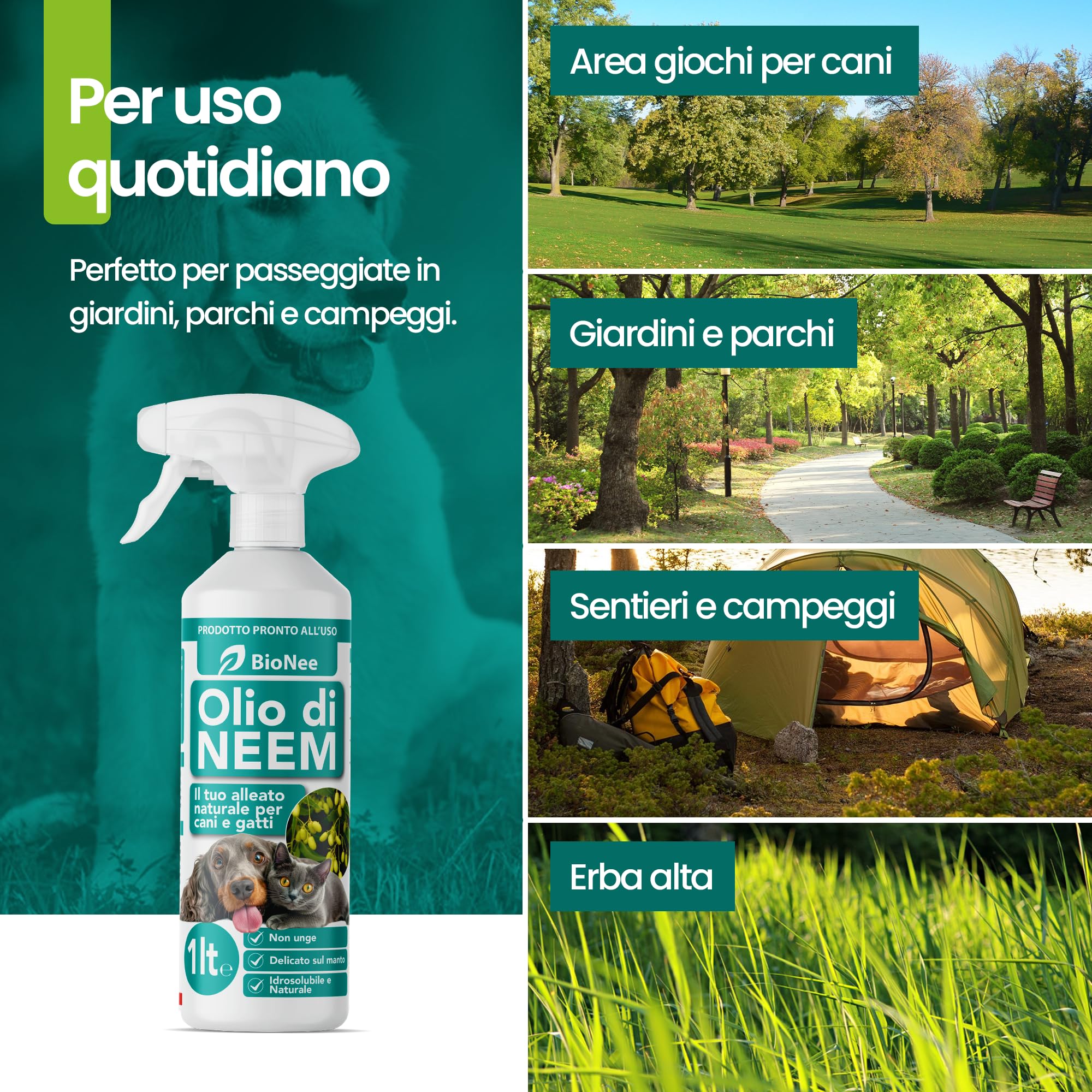 Huile de Neem pour Chiens et Chats Spray 1 L - Hydrosoluble, Naturel, Non Graisse - Action Délicate, Effet Barrière Dégoûté à Tiques Chiques Moustiques Insectes
