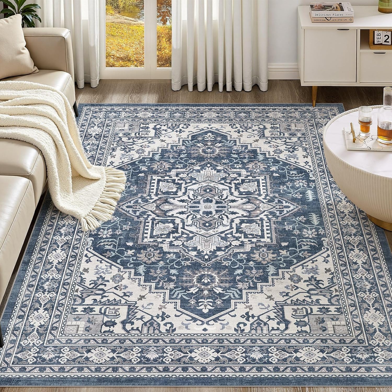  5x7 Area Rug for Living Room - Washable Vintage Carpet, Non-Slip Soft Large Indoor Floor Rugs for Bedroom Home Office & Under Dining Table Decor, Denim Blue/White