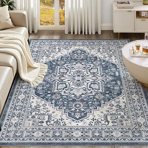 6x9 Area Rug for Living Room - Washable Vintage Carpet, Non-Slip Soft Large Indoor Floor Rugs for Bedroom Home Office & Under Dining Table Decor, Denim Blue/White - (size: 6' x 9' (Rectangular))