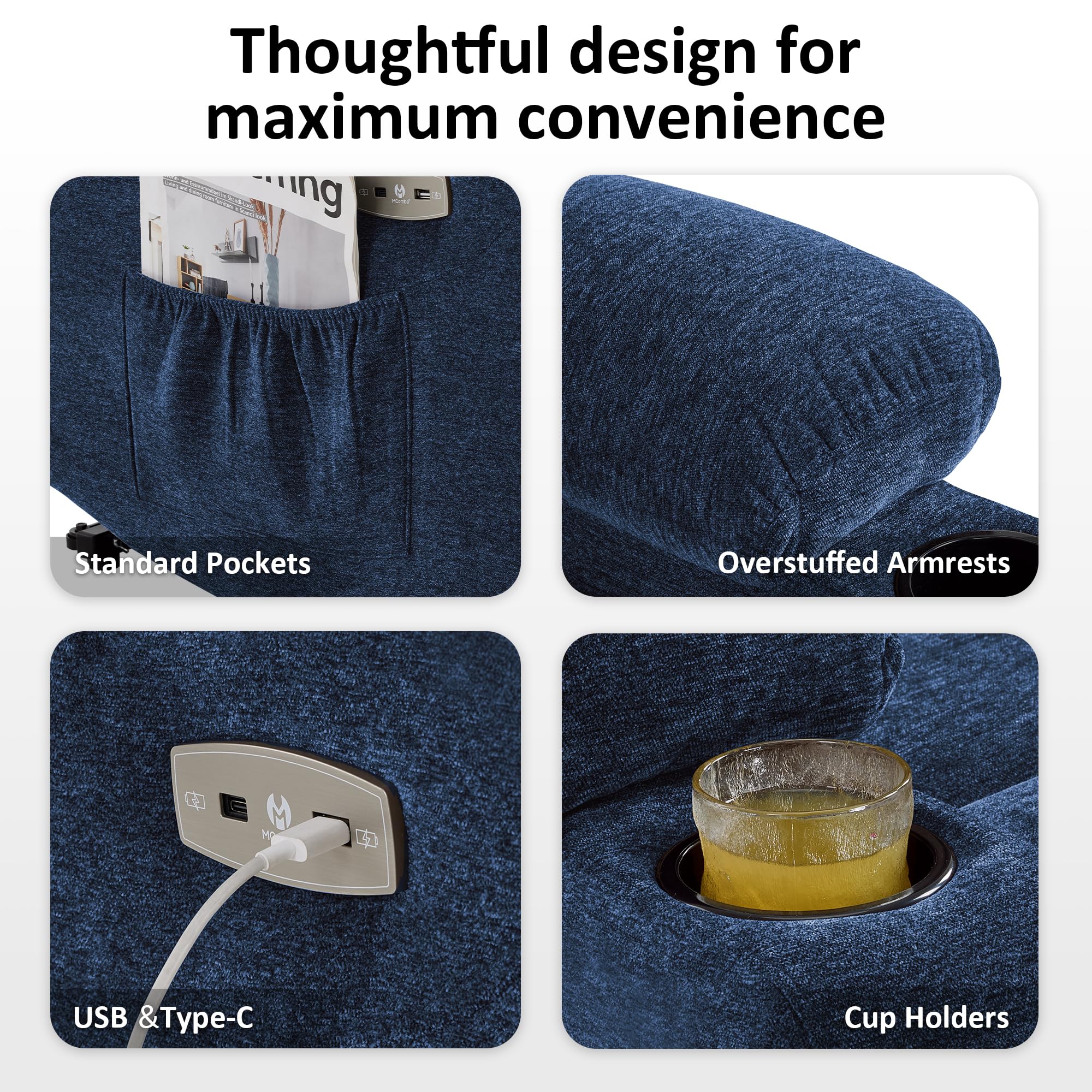 MCombo Power Lift Recliner Chair with Extended Footrest for Elderly People, Fabric 7283 (Navy Blue, Large)