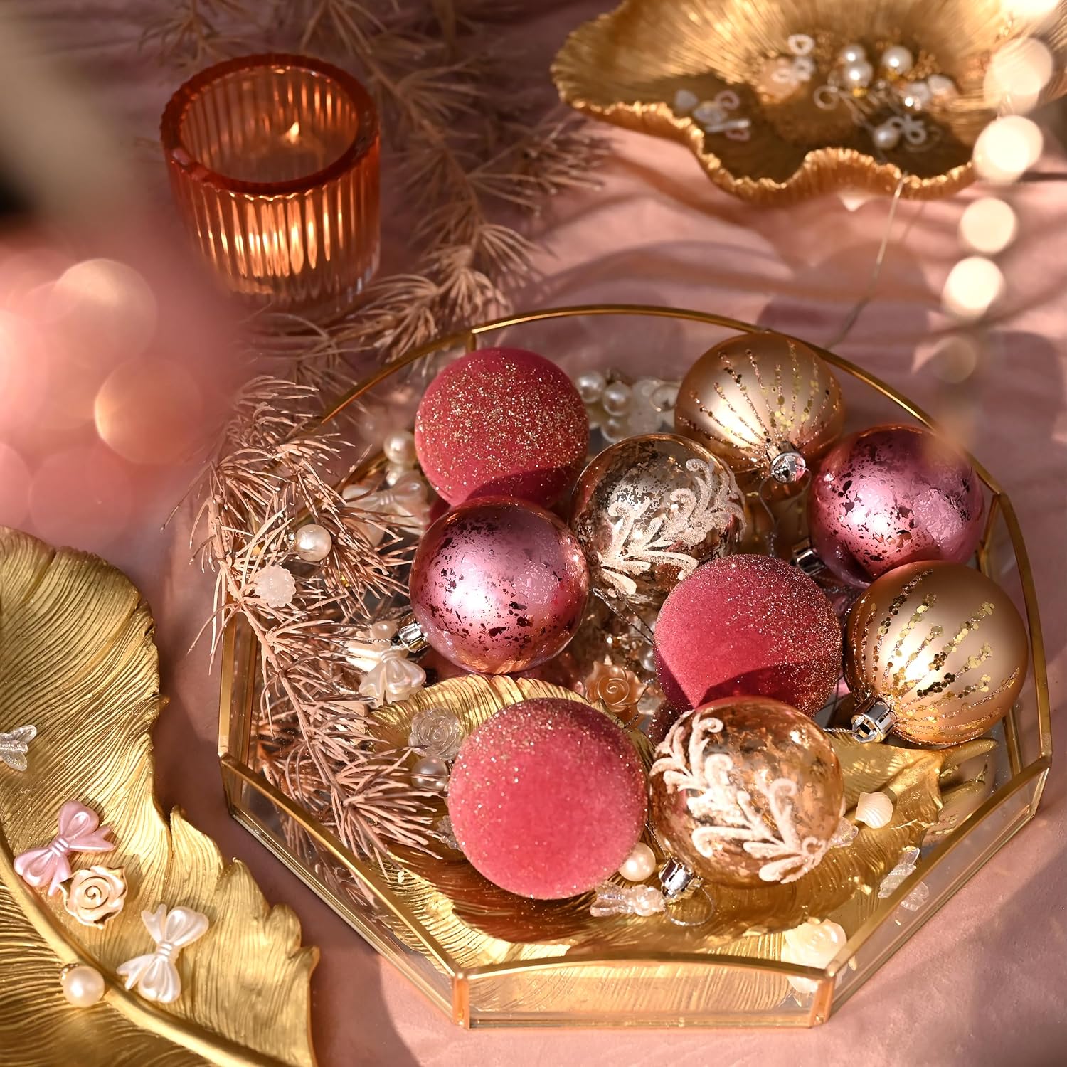 DecorbyHannah Velvet Christmas Ornaments, 9ct 2.36 inches Pink Gold Christmas Ball Ornaments for Tree Decorations, Shatterproof Plastic Hanging Flocked Ball Bluk for Xmas Indoor Party Table Decor