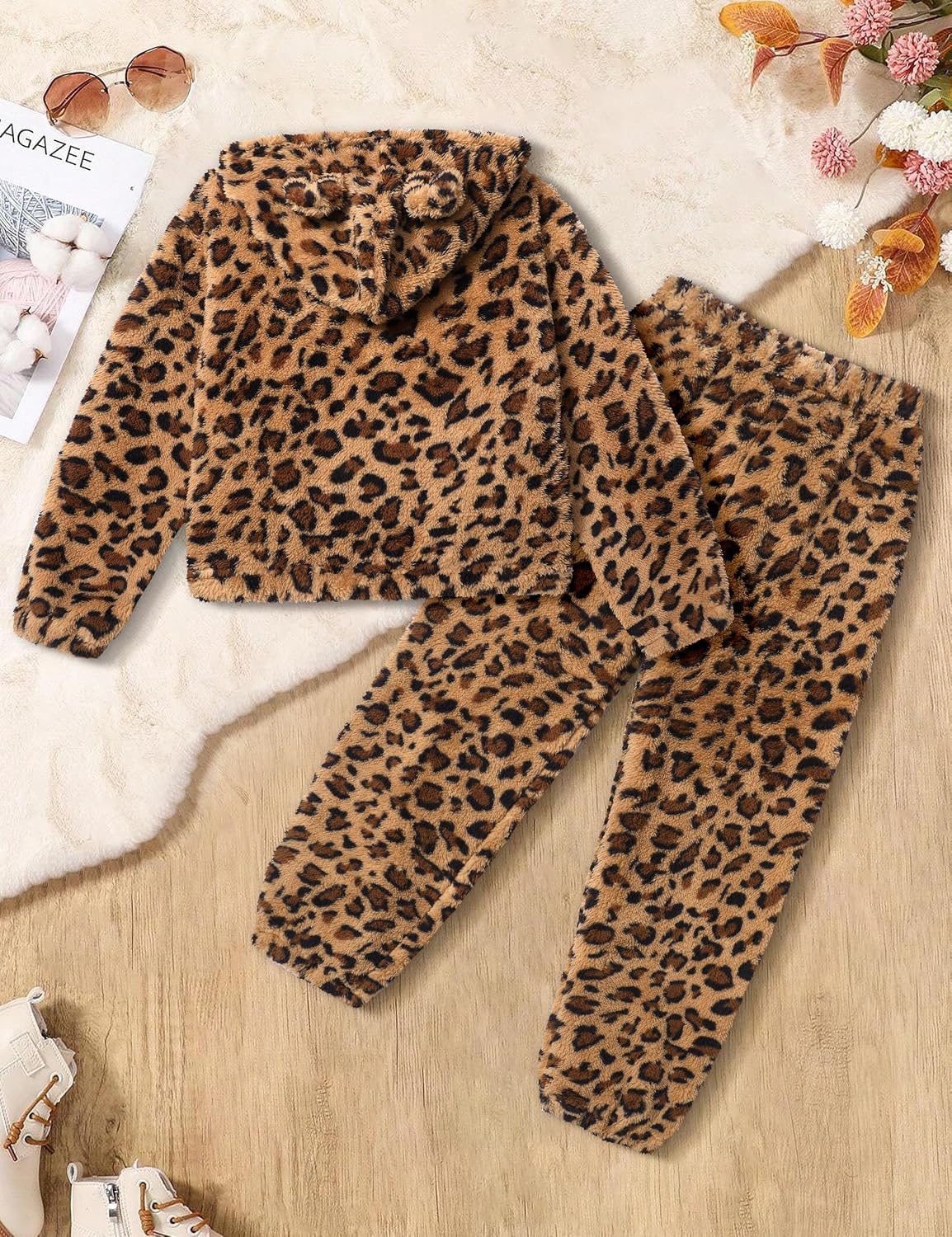 Shallmu Girls Fuzzy Bear Ear Plaid Hoodie Pullover Sweatshirt with Pocket Sweatpants Fall Winter 2 Piece Outfits