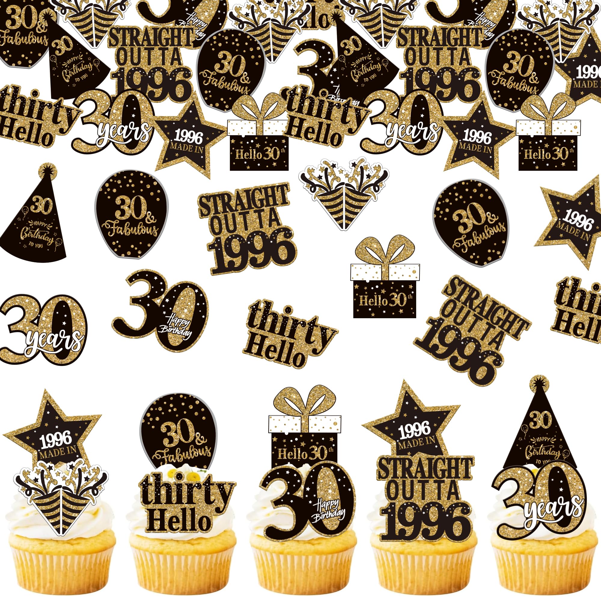 Xsstarmi 63 Pack 30th Birthday Edible Cupcake Toppers Rice Paper Straight Outta 1996 Made In 30 Hello Cupcake Picks for Cheers to 30 Years Birthday Party Cake Decorations Supplies
