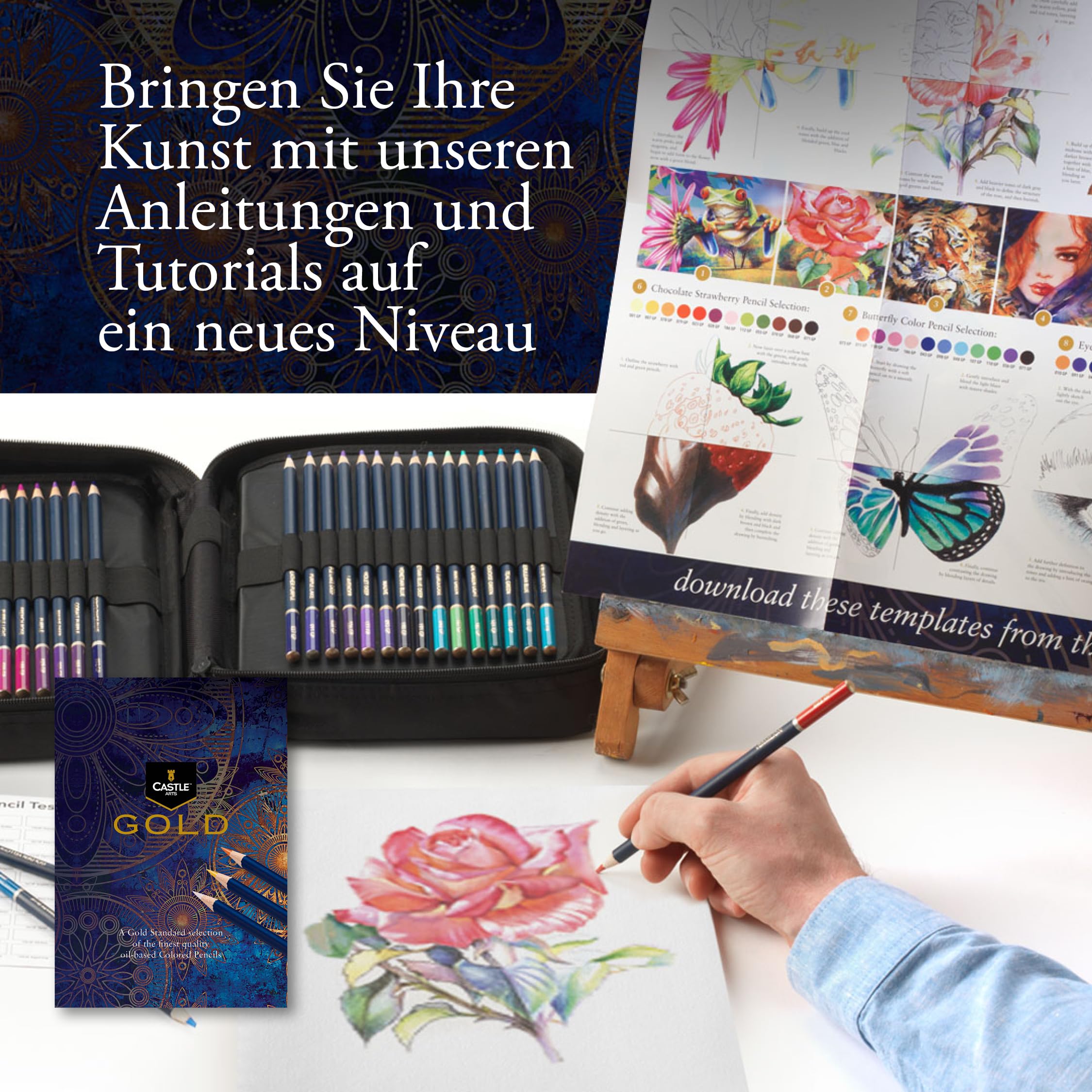 Castle Art Supplies Gold-Standard 120 Buntstifte-Set mit Extras | Hochwertige Farbkerne auf Ölbasis, spitzer, widerstandsfähiger gegen Bruch | Für erfahrene Künstler, Farbkünstler | Reißverschlussetui