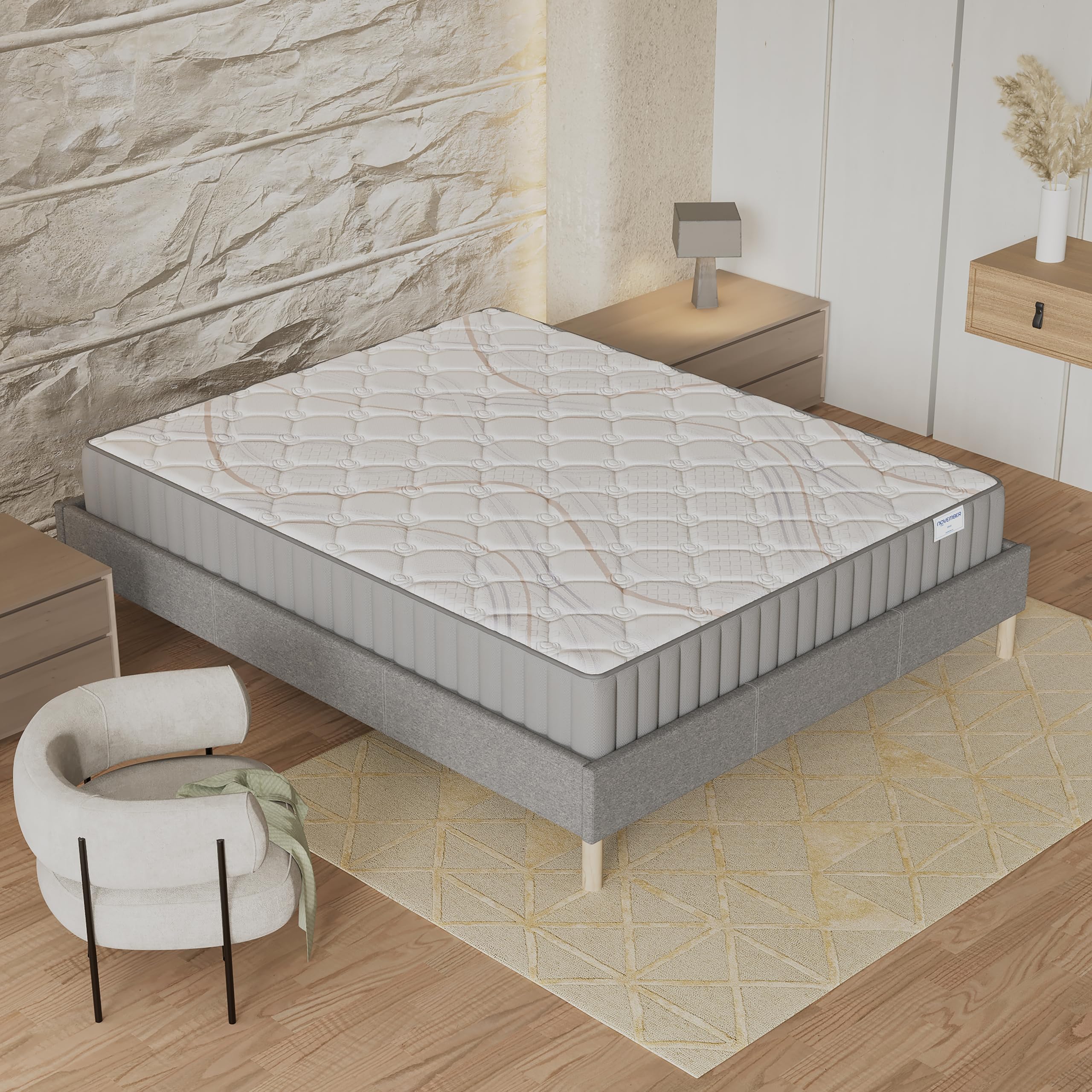 NOVEMBER- Ensemble Matelas + sommier (160 x 200cm) - Matelas Sirius Latex Naturel & Mousse Haute Densité d’épaisseur 22cm + Sommier Bois Stable & Robuste revêtement Tissu Gris