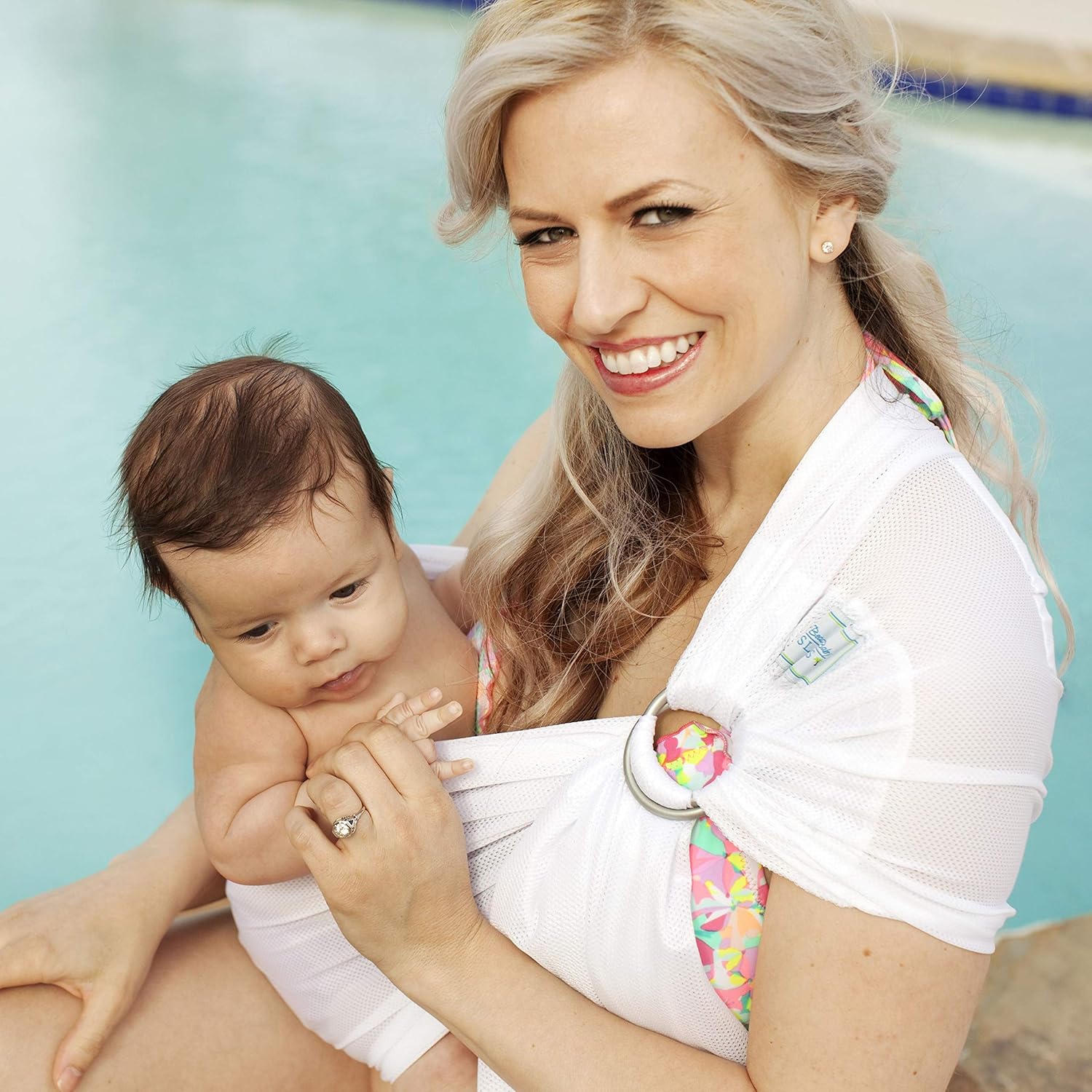 Versatile Water & Warm Weather Ring Sling Baby Carrier | Made in USA with Safety Tested Fabric & Aluminum Rings | Lightweight, Quick Dry & Breathable (White Wave, One Size)