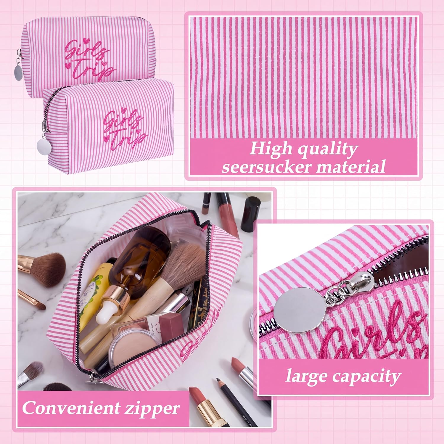 6 Pcs Girls Trip Gifts Favors Girls Trip Makeup Bags Pink Seersucker Travel Toiletry Cosmetic Bag Bestie Friendship Gifts for Women Wedding Bachelorette Party Supplies