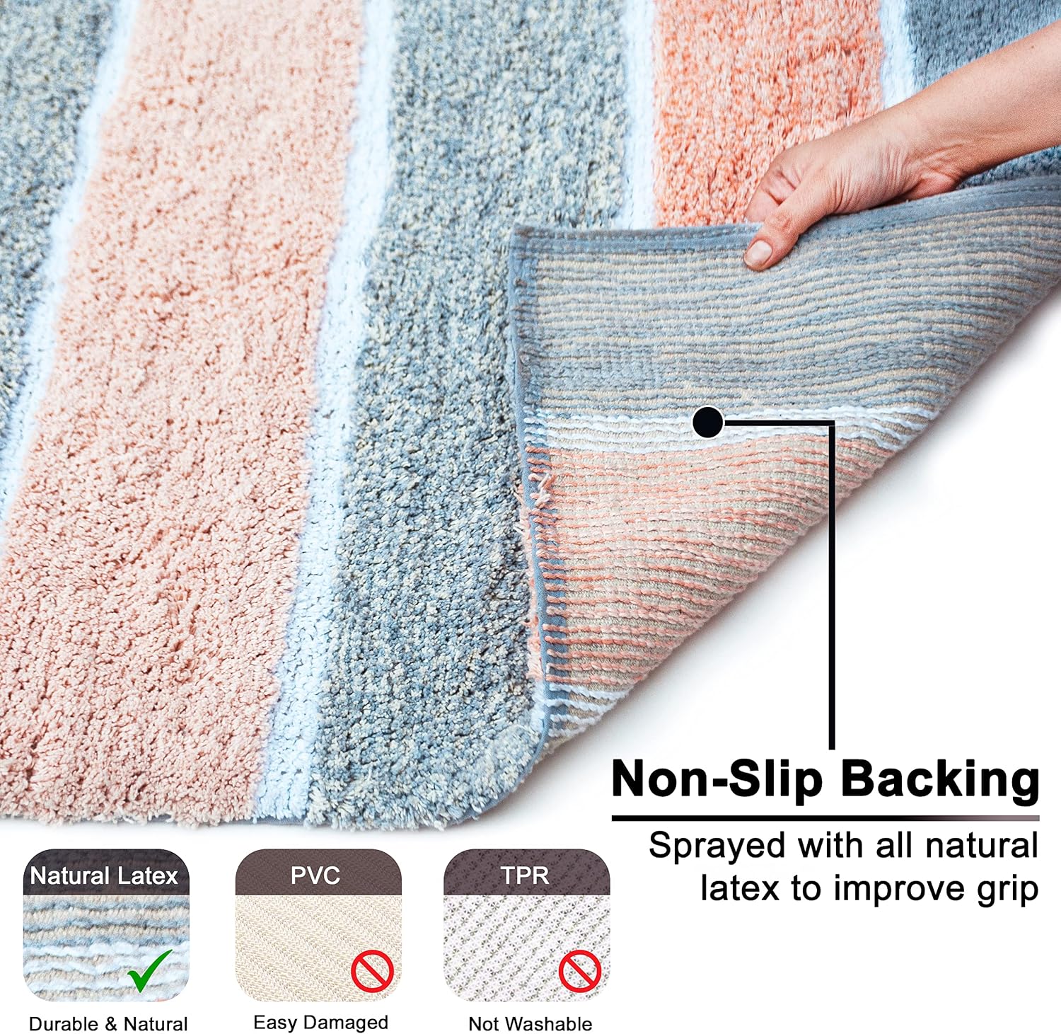 Chardin home Cordural Stripes Bath Mat, Set of 2 Bath Rugs (17 Inches x24 Inches & 21 Inches x34 Inches) | Non Slip Bathroom Rug, Machine Washable, Plush, Highly Absorbent | Grey & Peach/Blush image 4