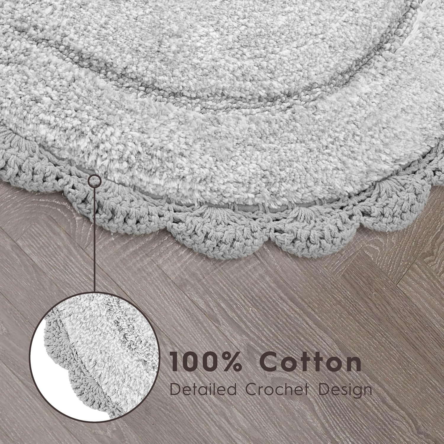 Laura Ashley Eloise 100% Cotton Round Bath Mat with Crochet Border, Soft & Absorbent, Glacier Grey 26" Bathroom Rug