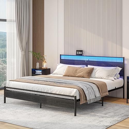 Miniatura 3 de Base de cama de tamaño King con cabecera de almacenamiento/luces LED, base de cama King con estación de carga, marco de cama negro, no necesita