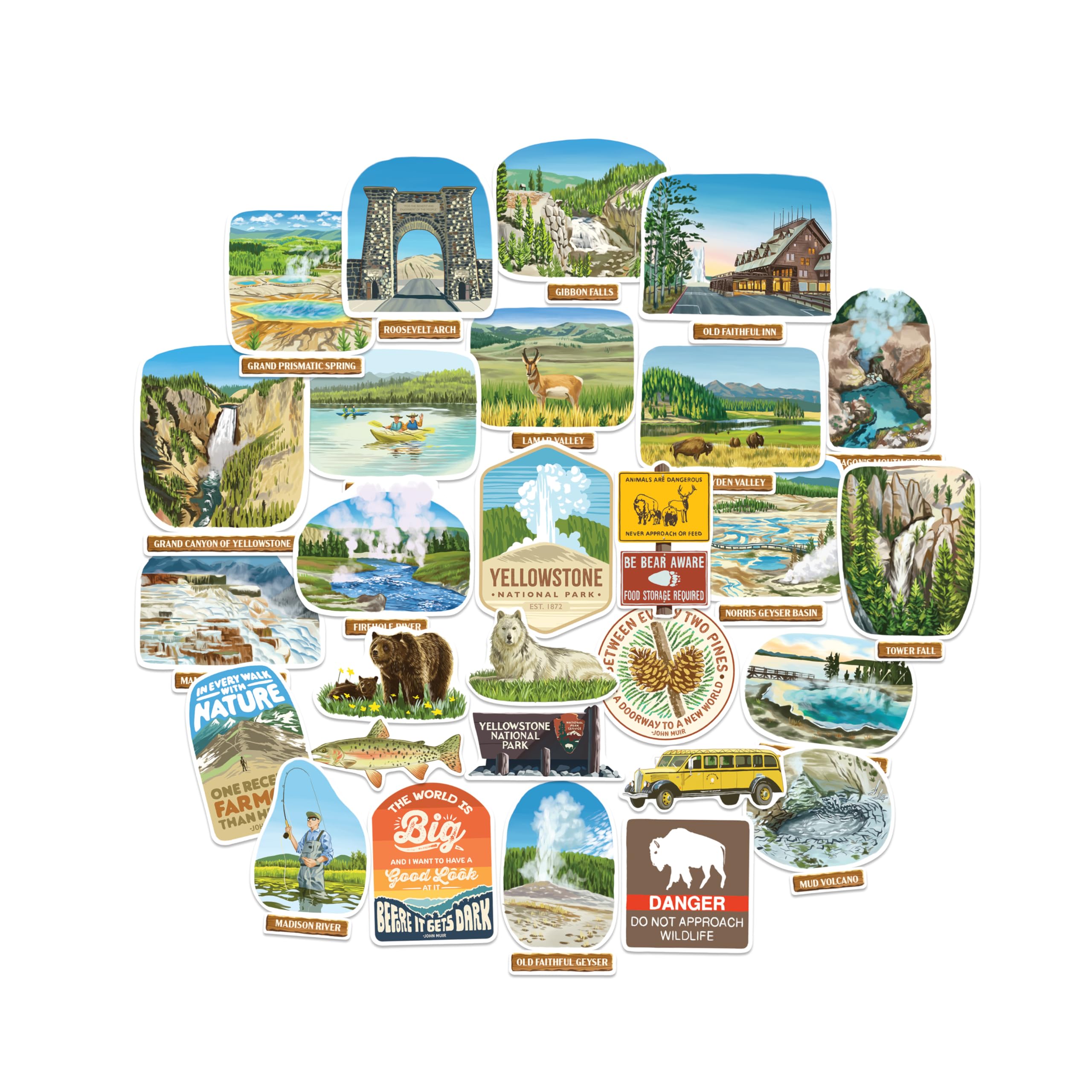Navy Peony Yellowstone National Park Stickers (28pcs) – Hand-Illustrated, America, Nature-Themed Decals for Journals, Scrapbooks, Water Bottles