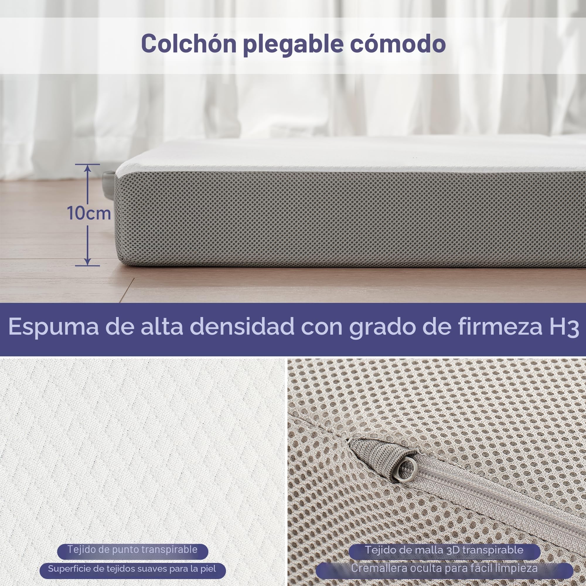 Z-hom Colchón Plegable 3 Piezas Espuma Extra Gruesa H3 Oeko Tex Standard 140 x 195 x 10 cm