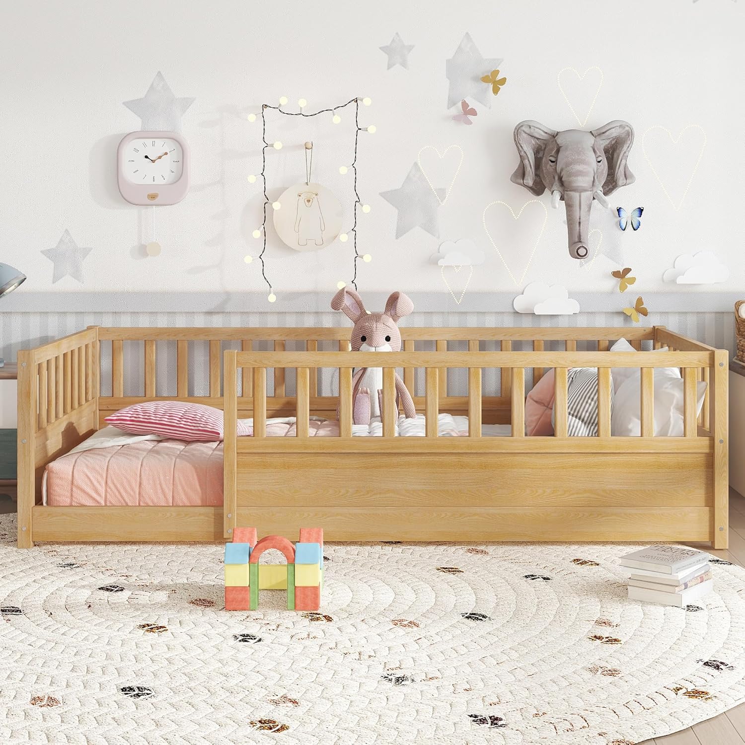 Bellemave Twin Size Kids Montessori Floor Bed, Solid Wood Floor Bed Frame with High Fence and Door for Kids, Girls, Boys, Twin, Natural