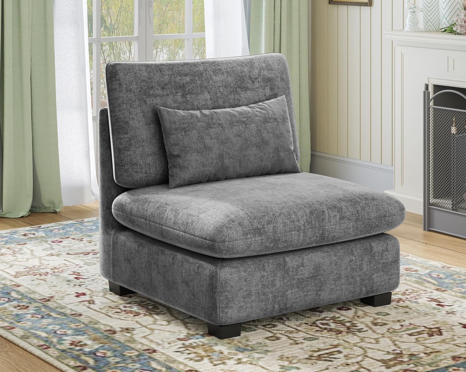 CHIC HOUSE Module for Modular Oversized Couch, Corduroy Customizable Chaise, Chenille Fabric Ottoman for Sectional Sofa, Upholstered Convertible Seater Corner (Single Seater, Chenille-Grey)