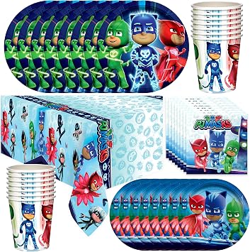 Treasures Gifted Officially Licensed PJ Masks Birthday Party Supplies - Serves 16 Guests - Dinnerware Deluxe Set PJ Masks Party Party Decorations - Tablecloth, Plates, Napkins & Cups