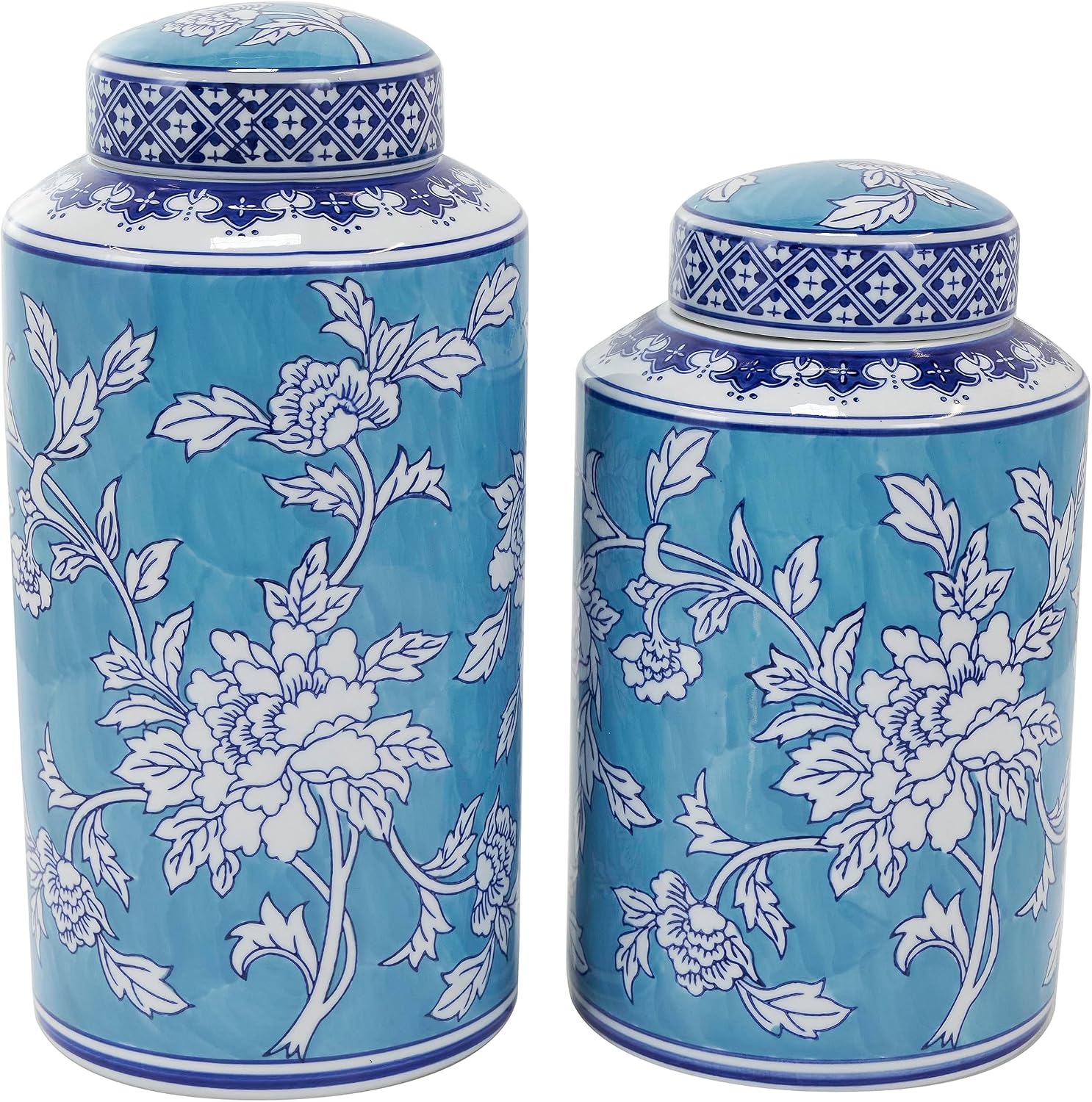 Deco 79 Ceramic Living Room Decorative Jars Decorative Container with White Floral Patterns, Set of 2 Jar with Lid 12", 14" H, Blue