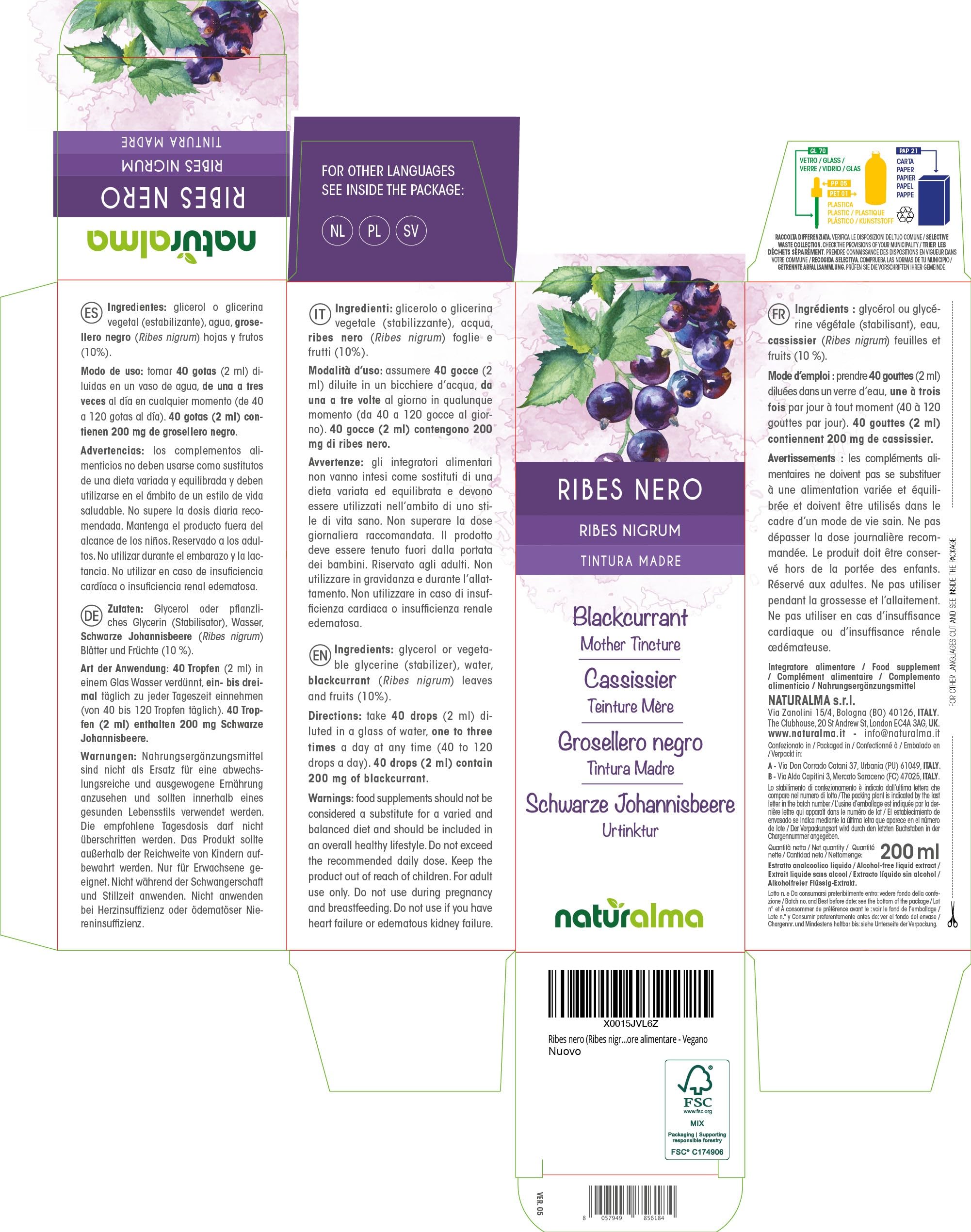 Ribes nero (Ribes nigrum) foglie e frutti Tintura Madre analcoolica Naturalma - Estratto liquido gocce 200 ml - Integratore alimentare - Vegano