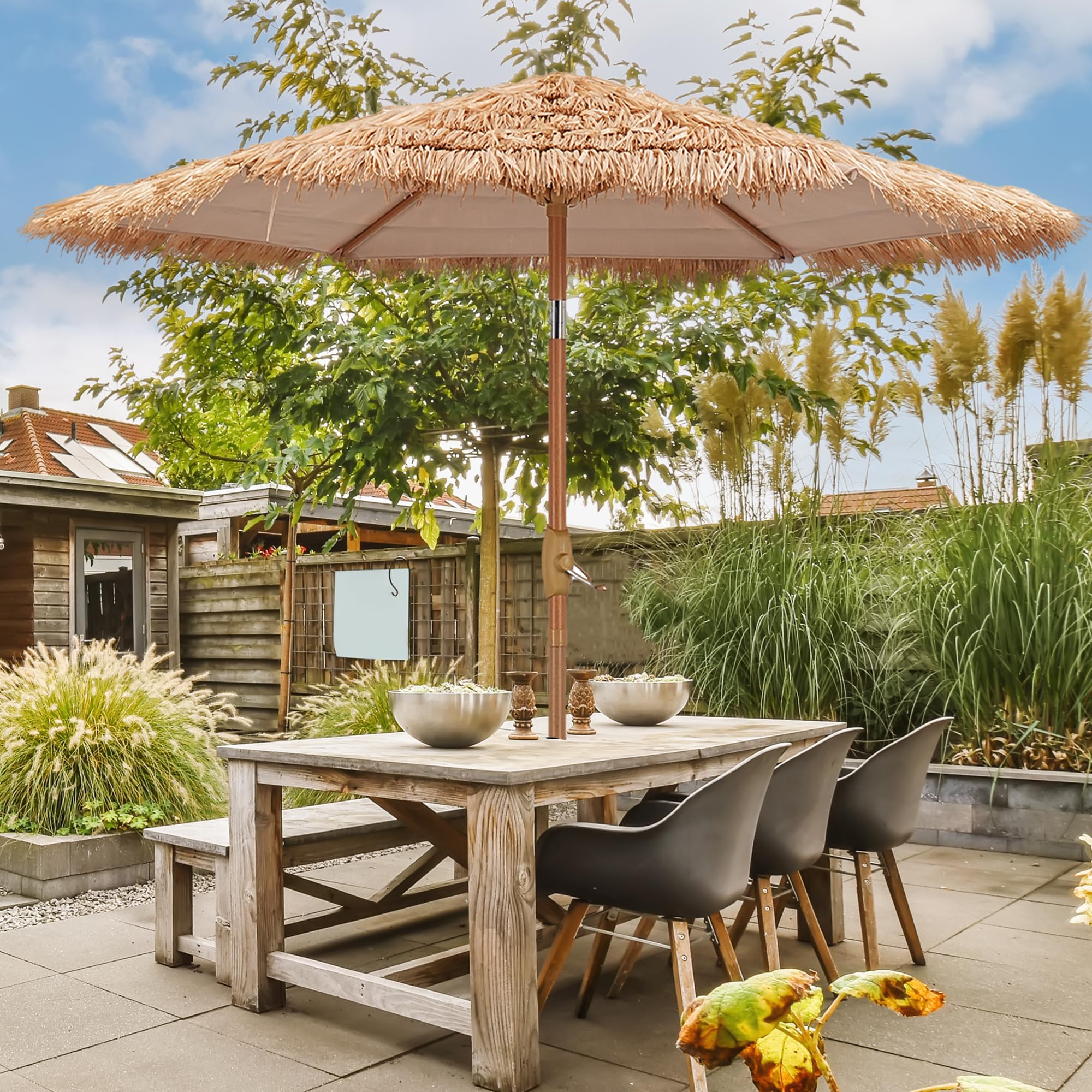 GDY 7.5ft Tiki Patio Umbrella, Outdoor Table Umbrella with Crank, Market Umbrellas for Garden, Beach, Deck, Backyard & Pool