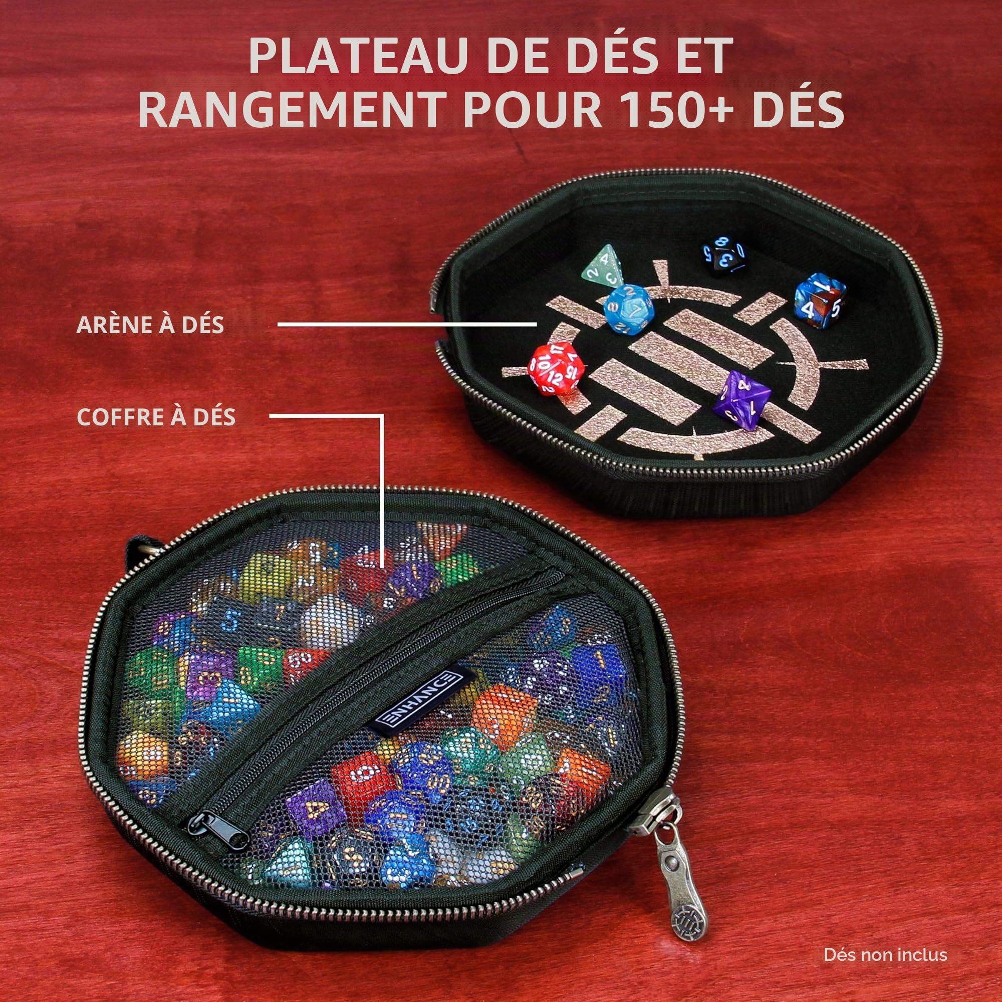 ENHANCE DND Dice Tray and Dice Case - Porte-dés DND pour jusqu'à 150 dés D&D avec Coque extérieure Robuste et intérieur Doux et Protecteur - Plateau à dés Parfait pour Les soirées de Jeu (Noir)