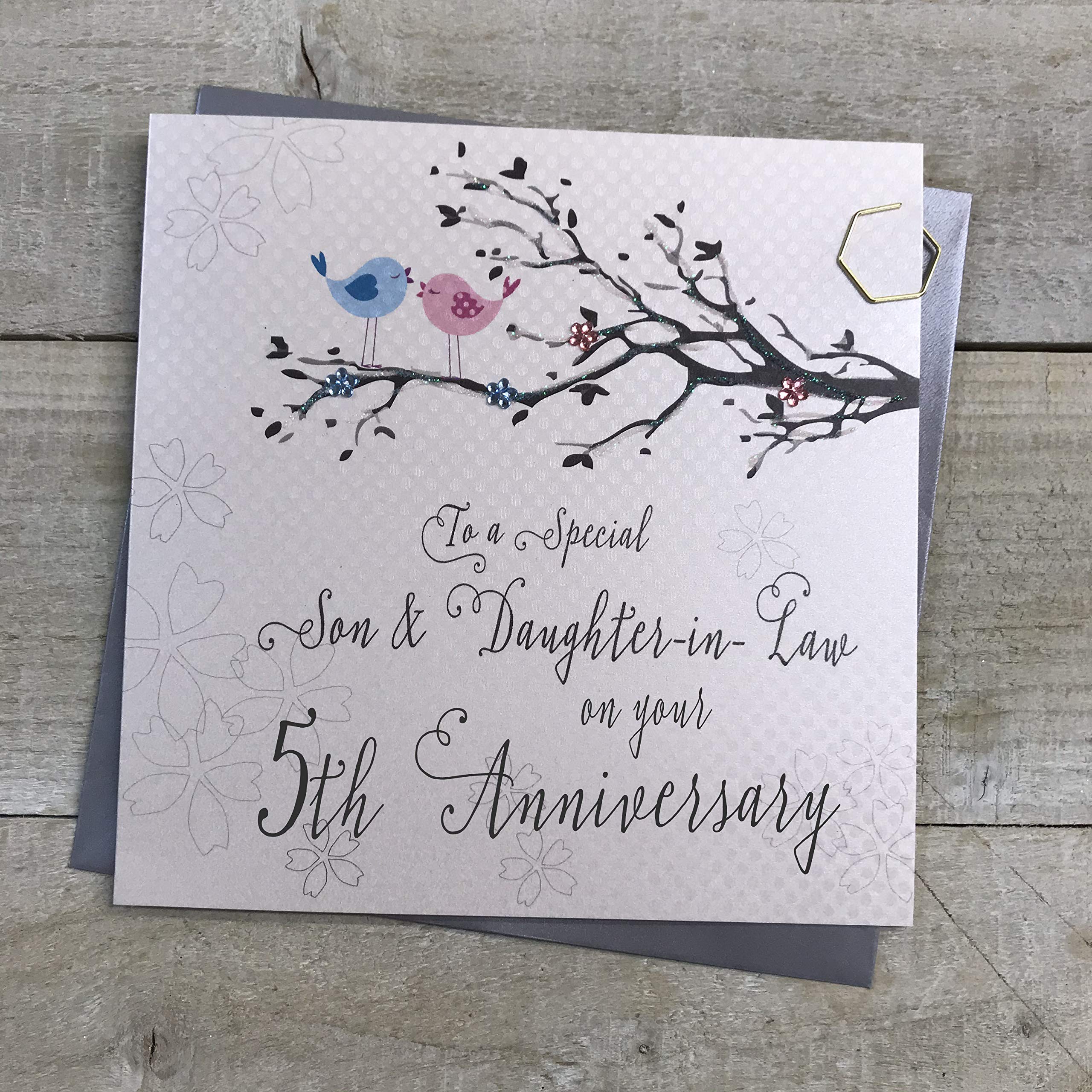 WHITE COTTON CARDS Son & Daughter-in-Law 5th Wedding Anniversary Card Fifth Wood Birds and Tree branch PD192-5