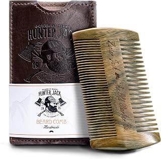 Hunter Jack Premium Sandalwood Beard Comb for Men - Dual Fine & Wide Teeth Wooden Mustache Comb, Anti-Static, No Snag, Pocket Size Leather Case