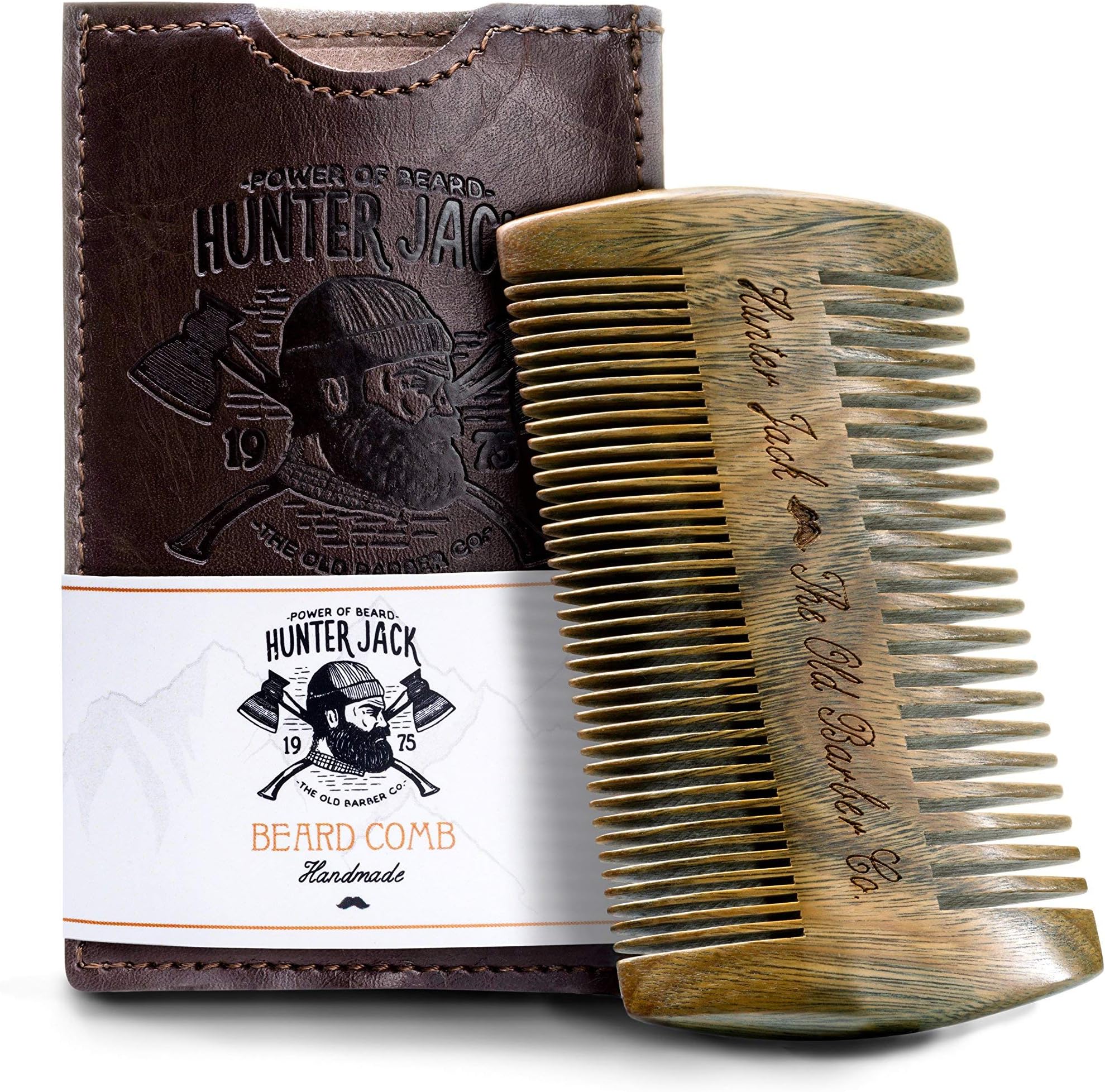 Premium Sandalwood Beard Comb for Men - Natural Wooden Comb with Dual Fine & Coarse Teeth, Anti-Static Mustache Comb, No Snag or Pull, Pocket Size with PU Leather Case, Ideal Grooming Kit for Him