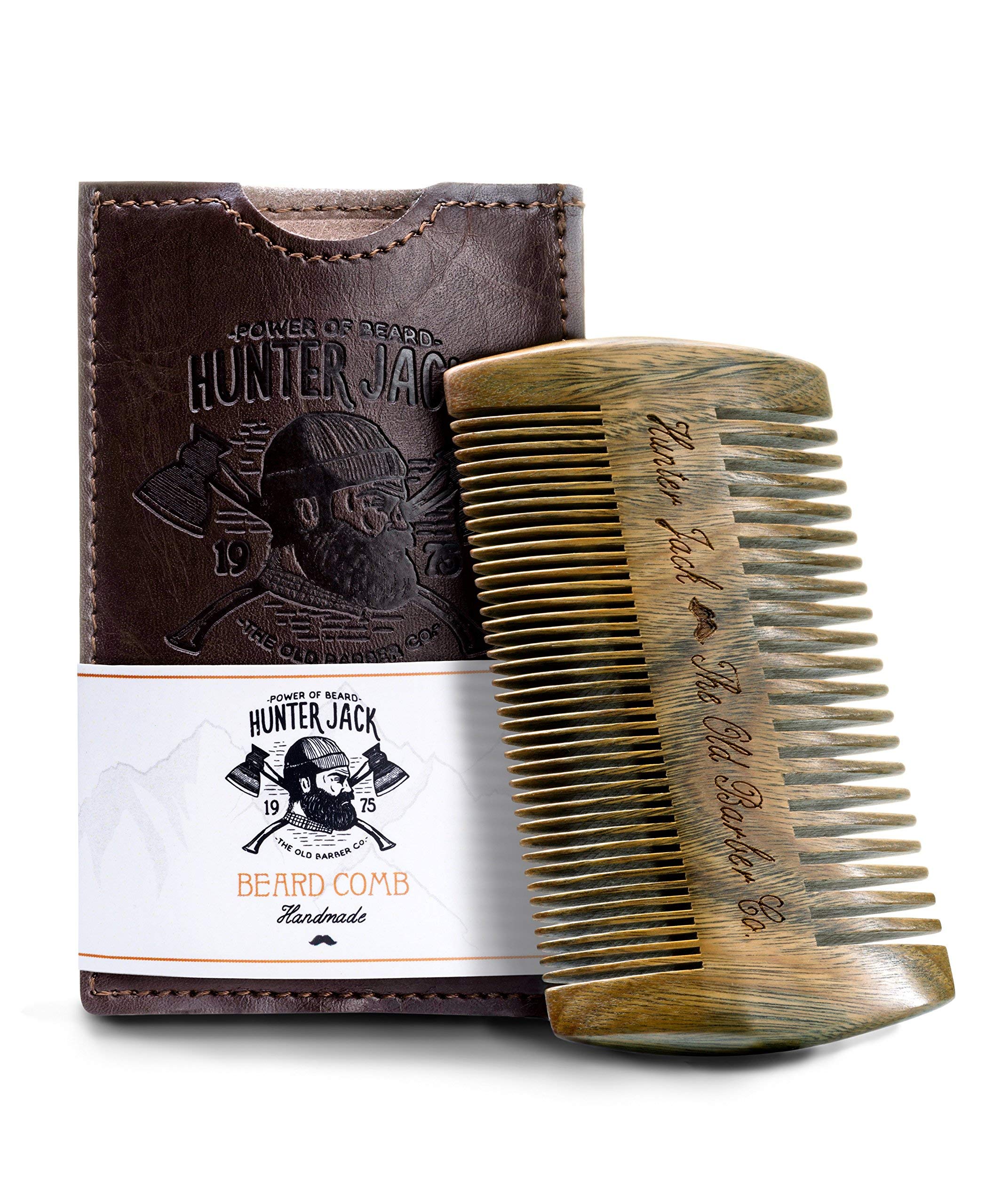 Hunter Jack Sandalwood Handmade Beard Comb for Men - Premium Wooden Comb - Pocket Wood Comb in PU Leather Case